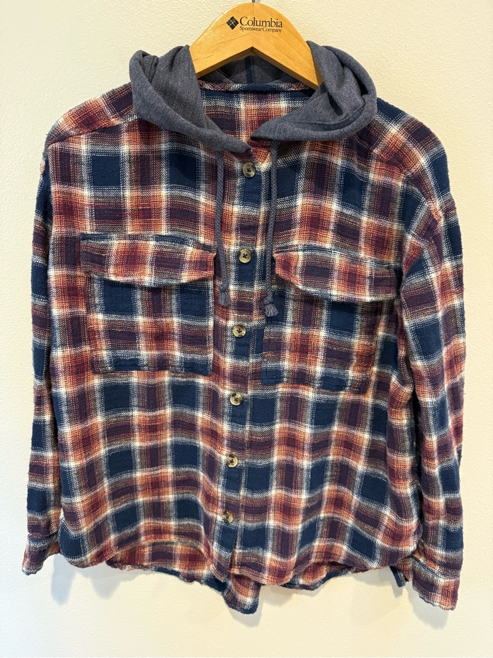 Navy and Rust Plaid Hooded Button-Up Shirt